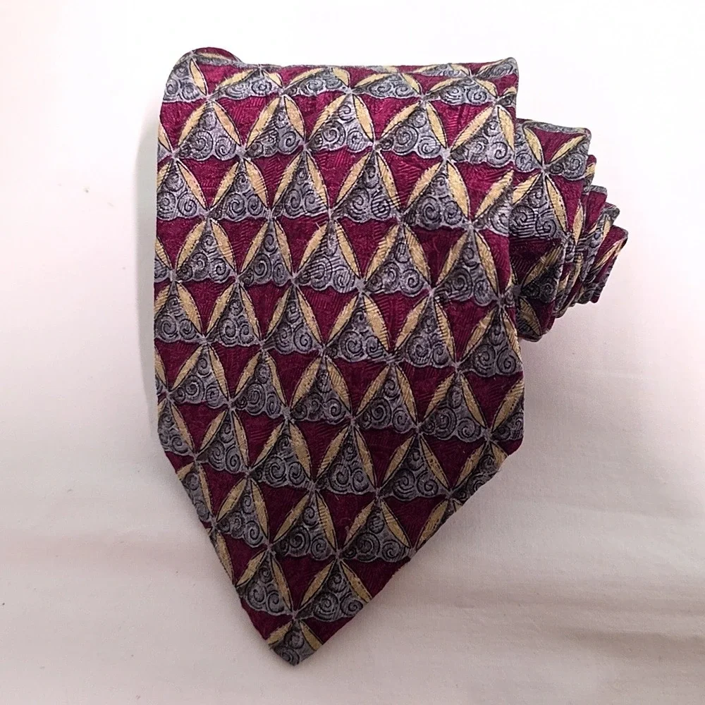 Ermenegildo Zegna Necktie Mens Tie Burgundy Gold Geometric Silk Italy